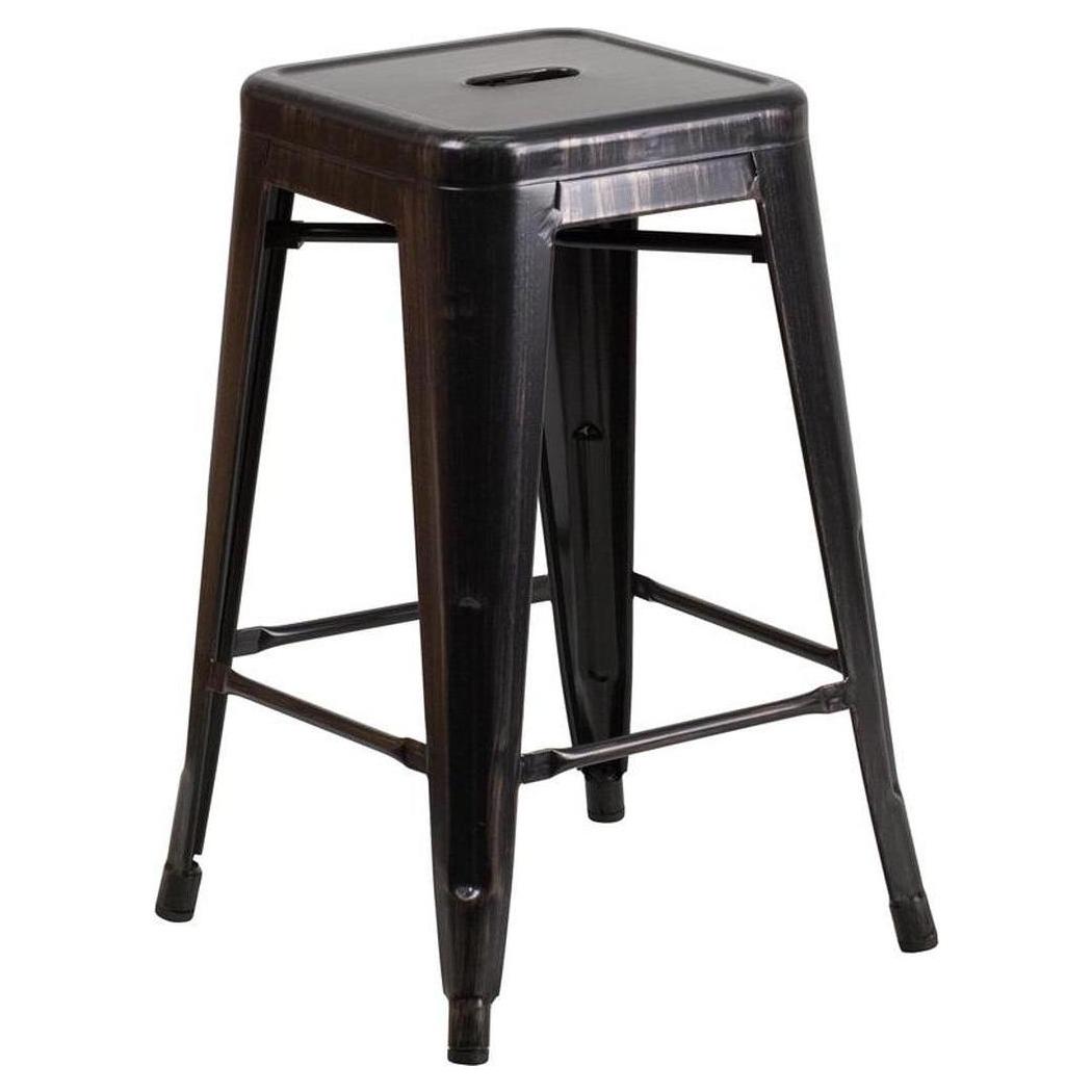 Tolix Style 24'' High Backless Metal Outdoor Counter Height Stool with Square Seat