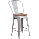 24" High Tolix Counter Height Stool with Back and Wood Seat - Silver
