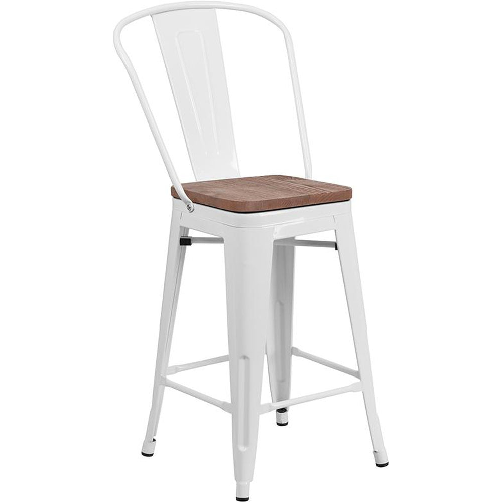 24" High Tolix Counter Height Stool with Back and Wood Seat - White