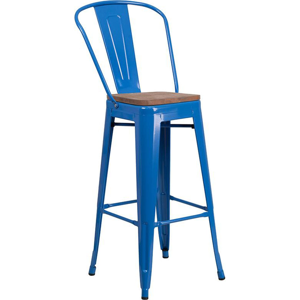 30" High Tolix Barstool with Back and Wood Seat - Blue