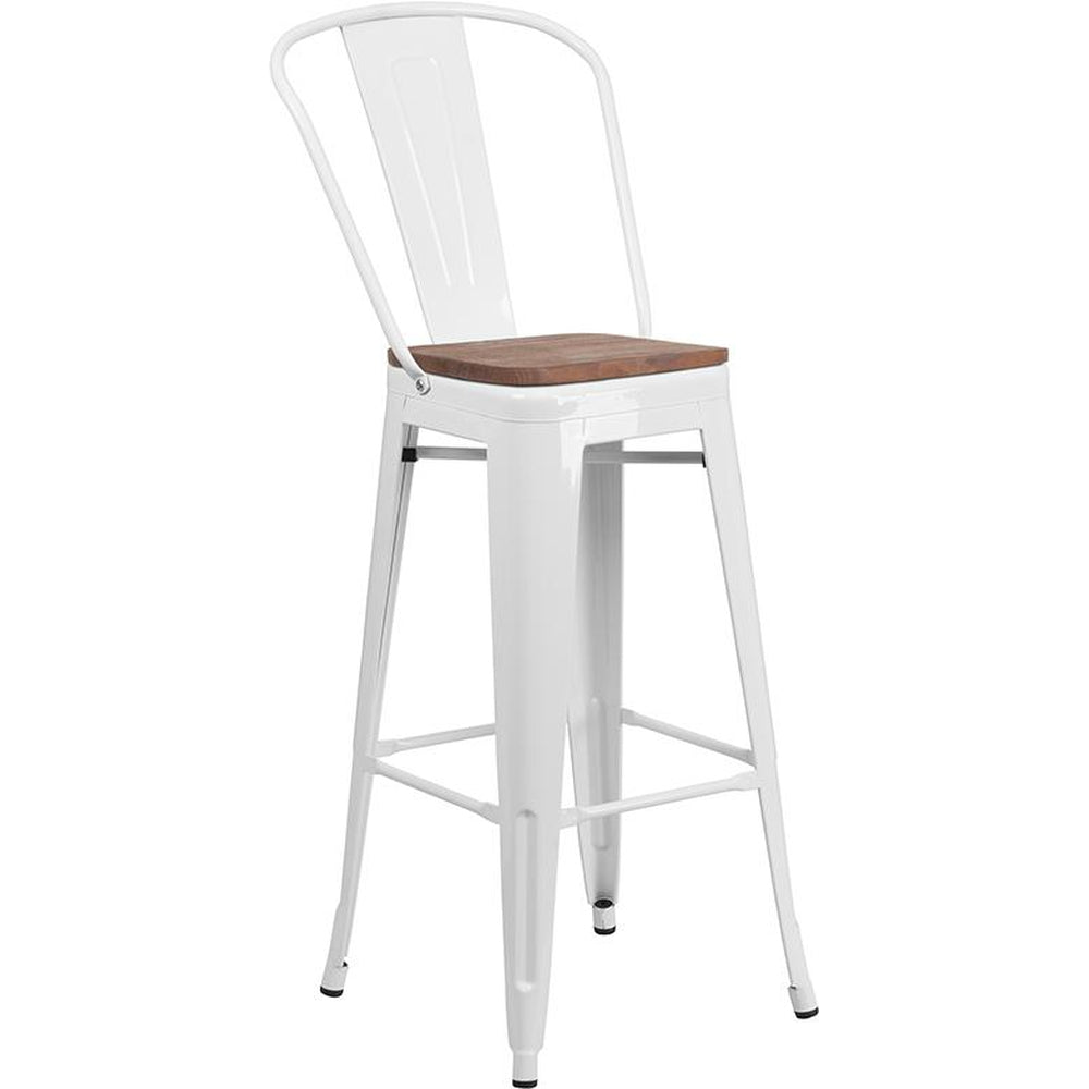 30" High Tolix Barstool with Back and Wood Seat - White