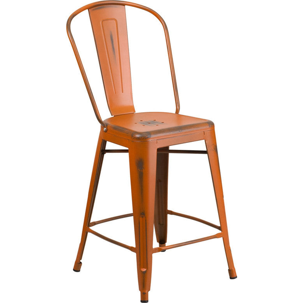 tolix style 24 high distressed orange metal indoor outdoor counter height stool with back