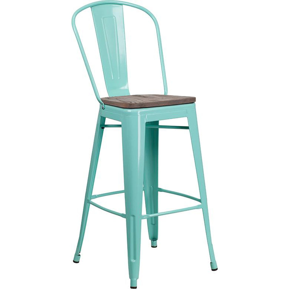 30" High Tolix Barstool with Back and Wood Seat - Mint Green