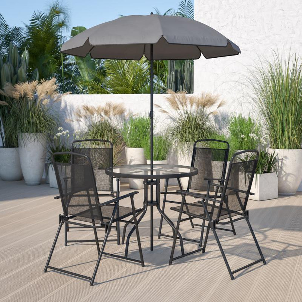 Nantucket 6 Piece Patio Garden Set with Umbrella Table and Set of 4 Folding Chairs