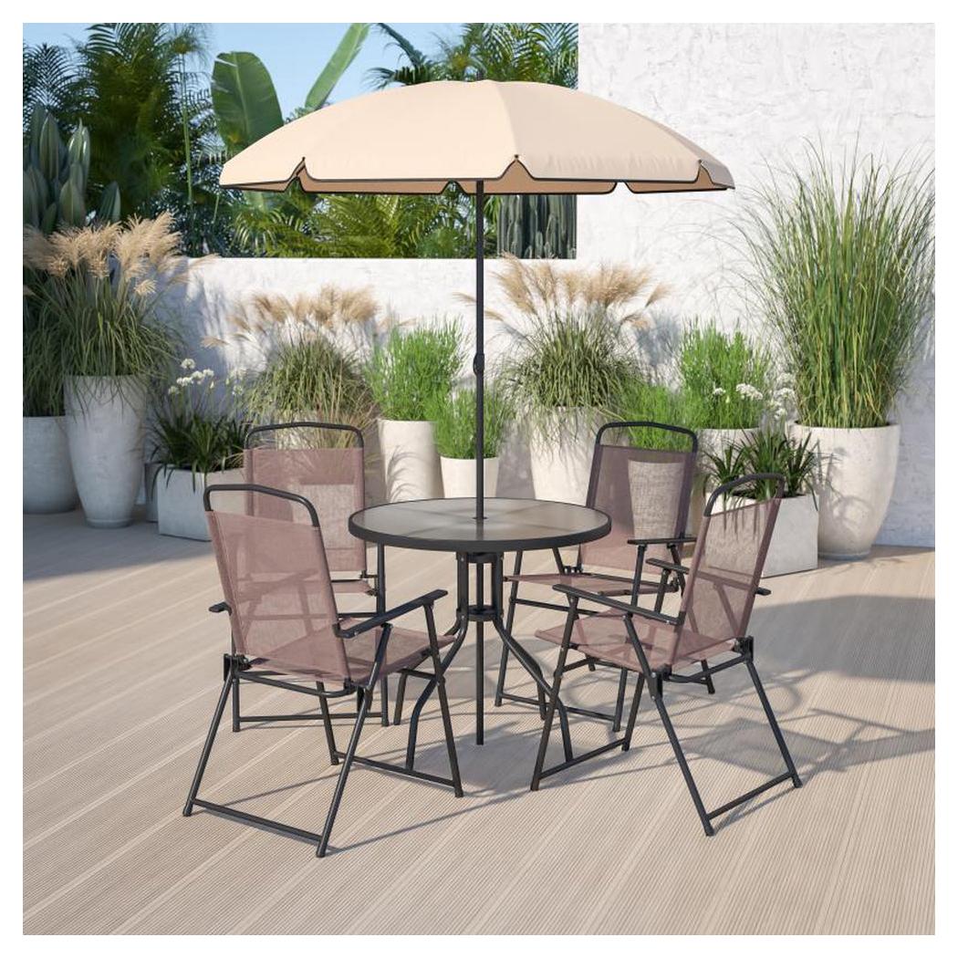 6 piece patio set with umbrella folding Nantucket 6 Piece Patio Garden Set with Umbrella Table and Set of 4 Fo – Restaurant Furniture Plus