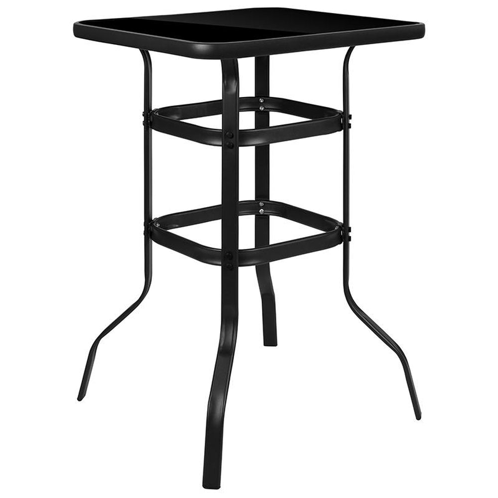 27 5 inch square black tempered glass bar height metal patio bar table