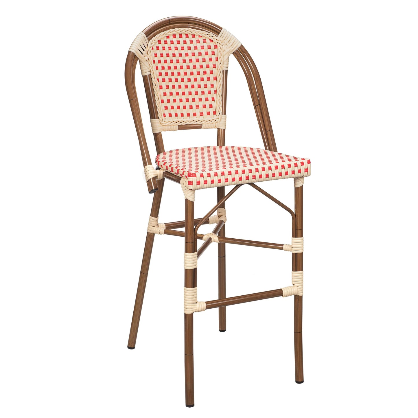 Aluminum Bamboo Patio Bar Stool With Red and Cream Rattan19ba468d6827fbf21