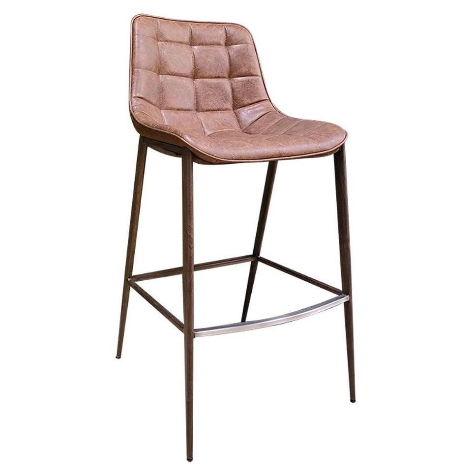 Wood Grain Metal Bar Stool with Brown Upholstered Seat