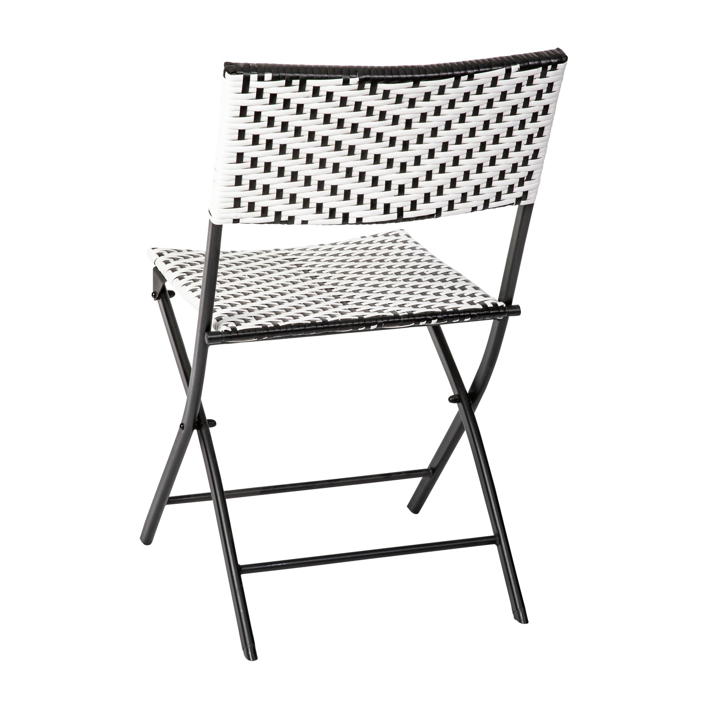 Rouen Set of 2 Commercial Grade Foldable Bistro Chairs, Indoor/Outdoor PE Rattan Back and Seat, Black/White with Black Steel Frames