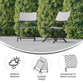 Rouen Set of 2 Commercial Grade Foldable Bistro Chairs, Indoor/Outdoor PE Rattan Back and Seat, Black/White with Black Steel Frames