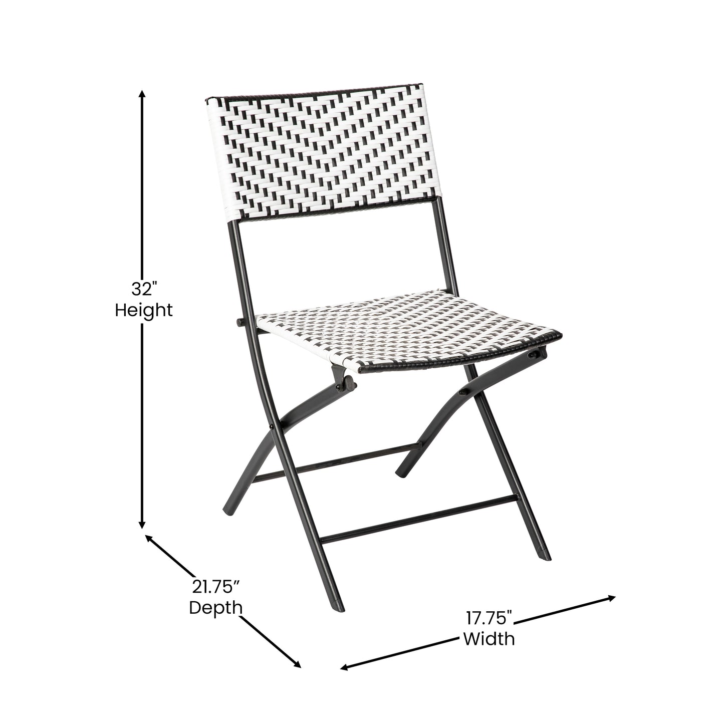 Rouen Set of 2 Commercial Grade Foldable Bistro Chairs, Indoor/Outdoor PE Rattan Back and Seat, Black/White with Black Steel Frames