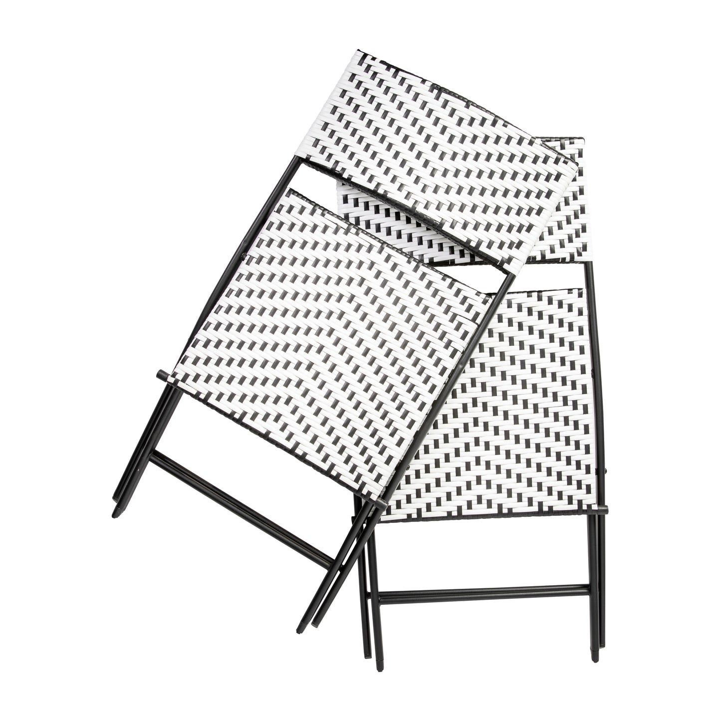 Rouen Set of 2 Commercial Grade Foldable Bistro Chairs, Indoor/Outdoor PE Rattan Back and Seat, Black/White with Black Steel Frames