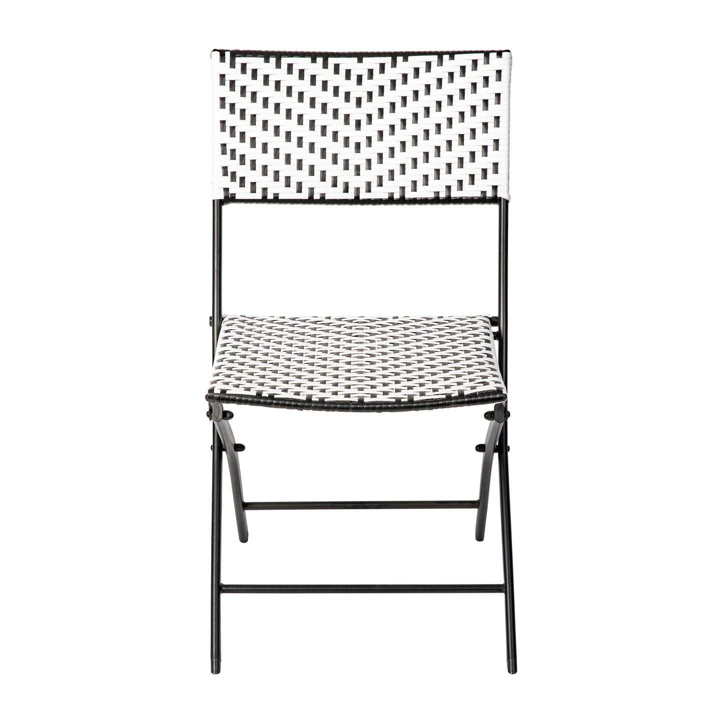 Rouen Set of 2 Commercial Grade Foldable Bistro Chairs, Indoor/Outdoor PE Rattan Back and Seat, Black/White with Black Steel Frames