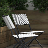 Rouen Set of 2 Commercial Grade Foldable Bistro Chairs, Indoor/Outdoor PE Rattan Back and Seat, Black/White with Black Steel Frames