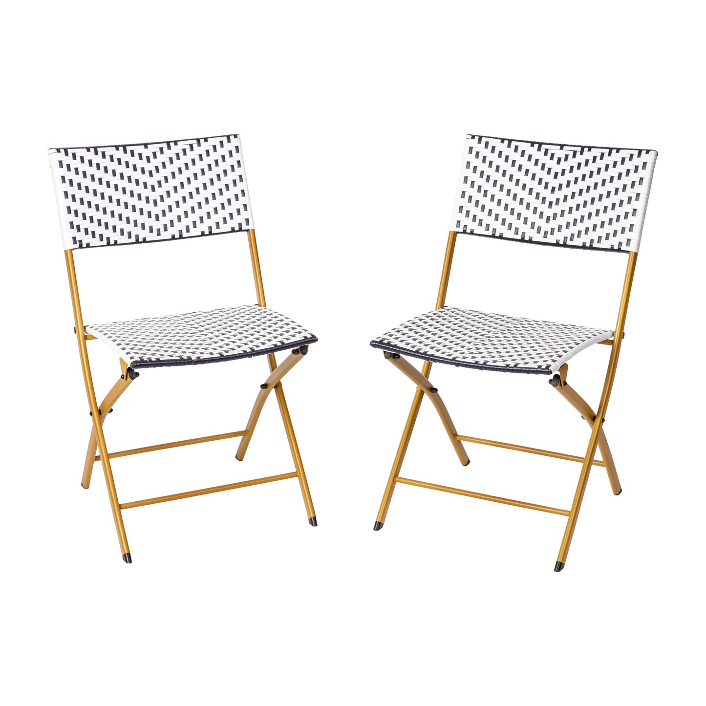 Rouen Set of 2 Commercial Grade Foldable Bistro Chairs, Indoor/Outdoor PE Rattan Back and Seat, Navy/White with Natural Steel Frames