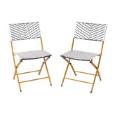 Rouen Set of 2 Commercial Grade Foldable Bistro Chairs, Indoor/Outdoor PE Rattan Back and Seat, Navy/White with Natural Steel Frames