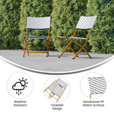Rouen Set of 2 Commercial Grade Foldable Bistro Chairs, Indoor/Outdoor PE Rattan Back and Seat, Navy/White with Natural Steel Frames