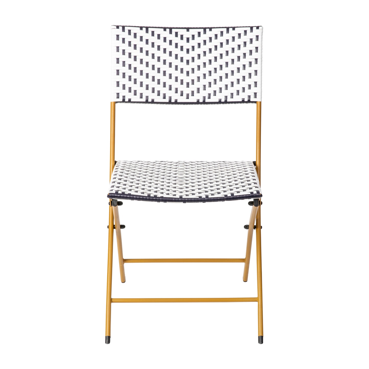 Rouen Set of 2 Commercial Grade Foldable Bistro Chairs, Indoor/Outdoor PE Rattan Back and Seat, Navy/White with Natural Steel Frames