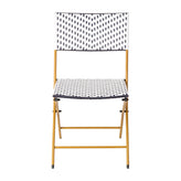 Rouen Set of 2 Commercial Grade Foldable Bistro Chairs, Indoor/Outdoor PE Rattan Back and Seat, Navy/White with Natural Steel Frames