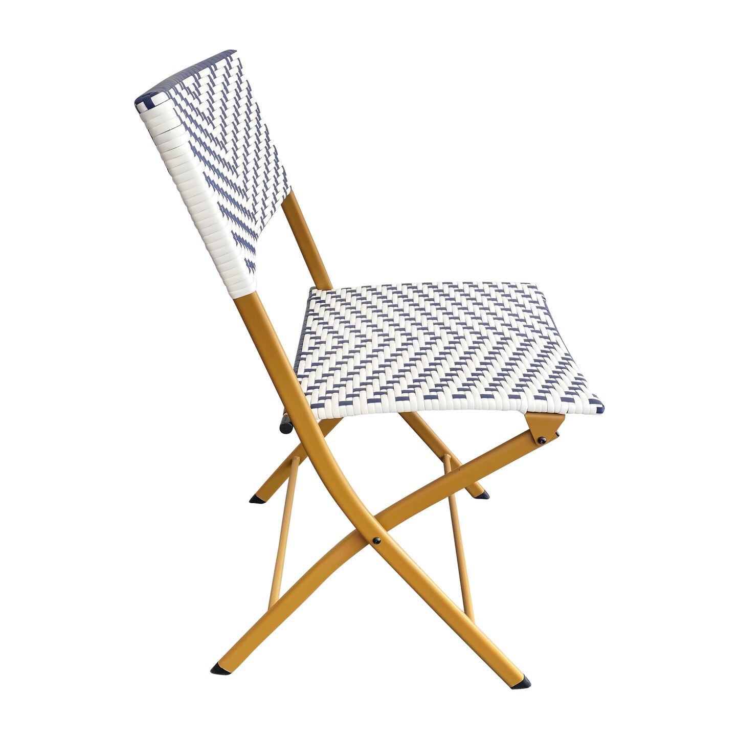 Rouen Set of 2 Commercial Grade Foldable Bistro Chairs, Indoor/Outdoor PE Rattan Back and Seat, Navy/White with Natural Steel Frames