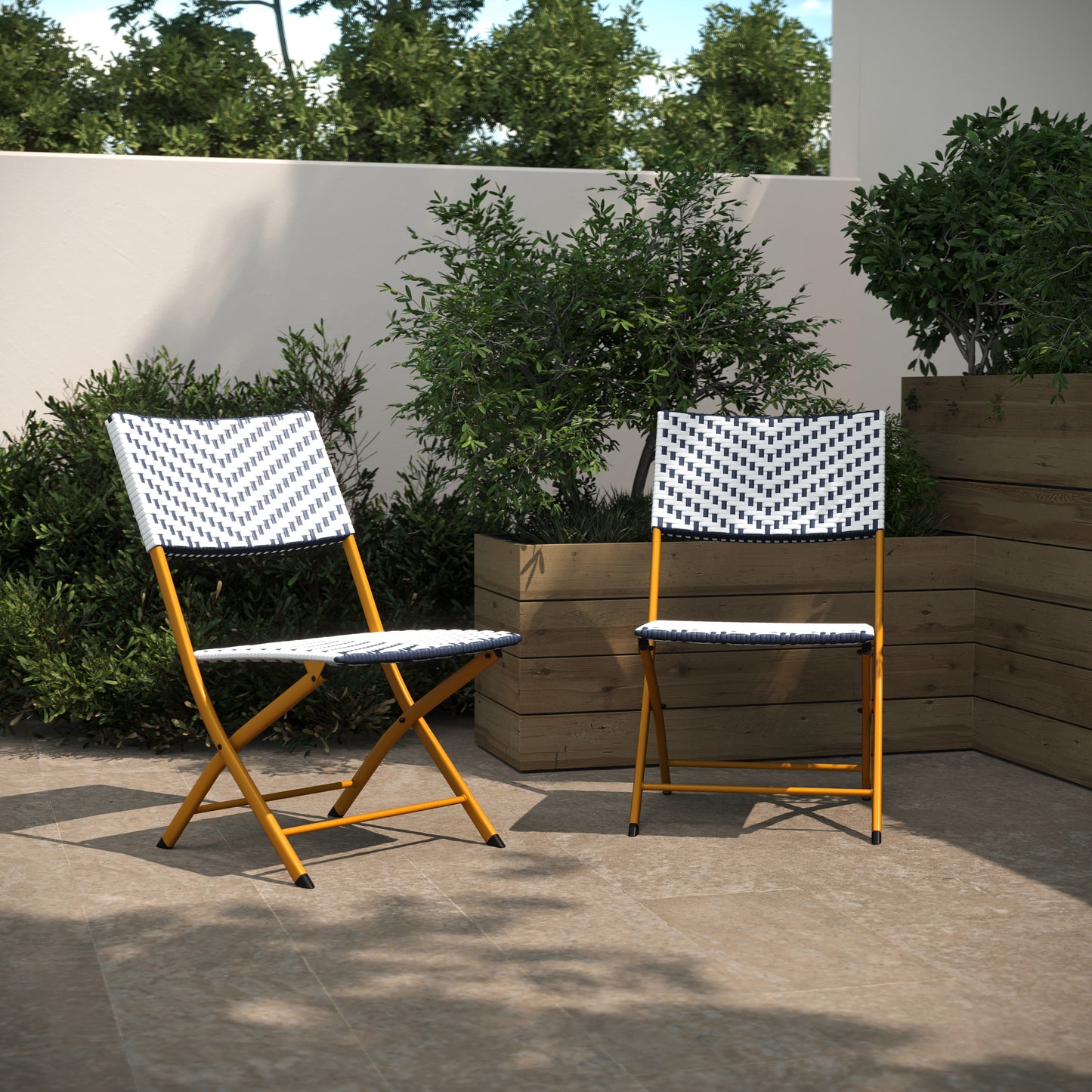 Rouen Set of 2 Commercial Grade Foldable Bistro Chairs, Indoor/Outdoor PE Rattan Back and Seat, Navy/White with Natural Steel Frames