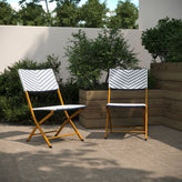 Rouen Set of 2 Commercial Grade Foldable Bistro Chairs, Indoor/Outdoor PE Rattan Back and Seat, Navy/White with Natural Steel Frames