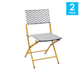 Rouen Set of 2 Commercial Grade Foldable Bistro Chairs, Indoor/Outdoor PE Rattan Back and Seat, Navy/White with Natural Steel Frames