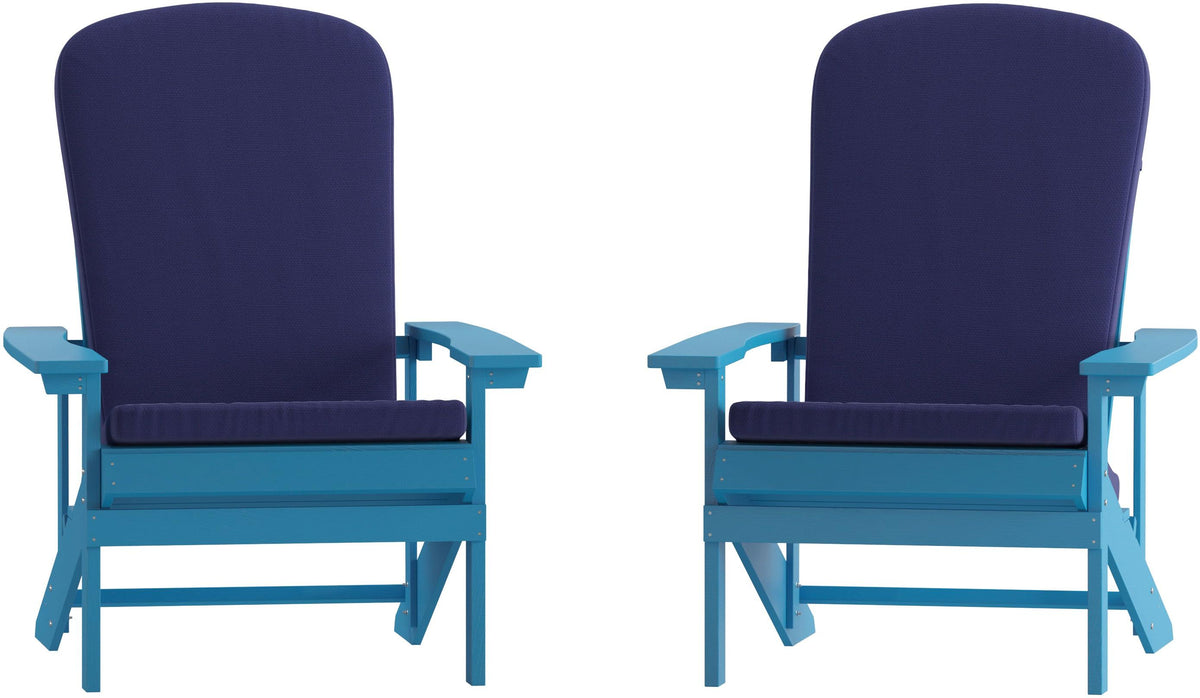 Charlestown Set of 2 All-Weather Poly Resin Wood Adirondack Chairs in Blue with Blue Cushions for Deck, Porch, and Patio