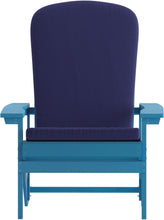 Charlestown Set of 2 All-Weather Poly Resin Wood Adirondack Chairs in Blue with Blue Cushions for Deck, Porch, and Patio