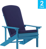 Charlestown Set of 2 All-Weather Poly Resin Wood Adirondack Chairs in Blue with Blue Cushions for Deck, Porch, and Patio