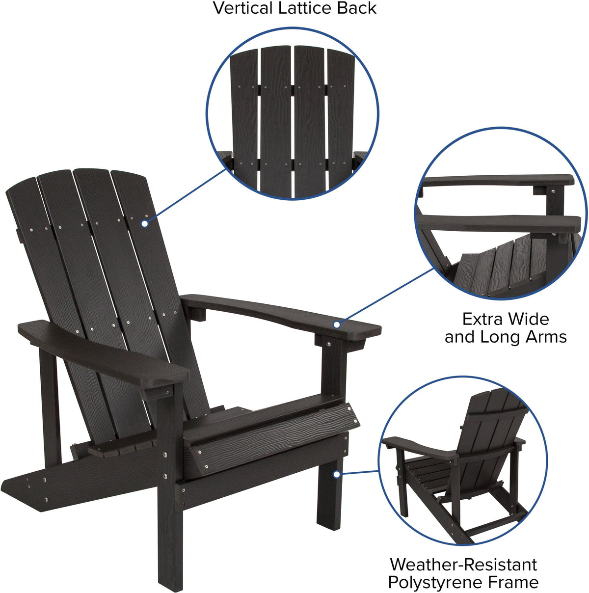 Charlestown Set of 2 All-Weather Poly Resin Wood Adirondack Chairs in Slate Gray with Blue Cushions for Deck, Porch, and Patio