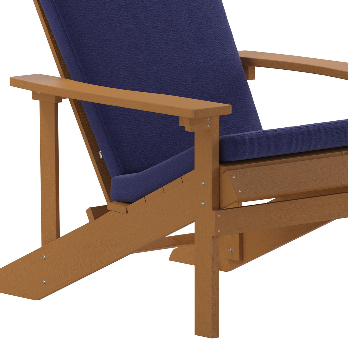 Charlestown Set of 2 All-Weather Poly Resin Wood Adirondack Chairs in Teak with Blue Cushions for Deck, Porch, and Patio