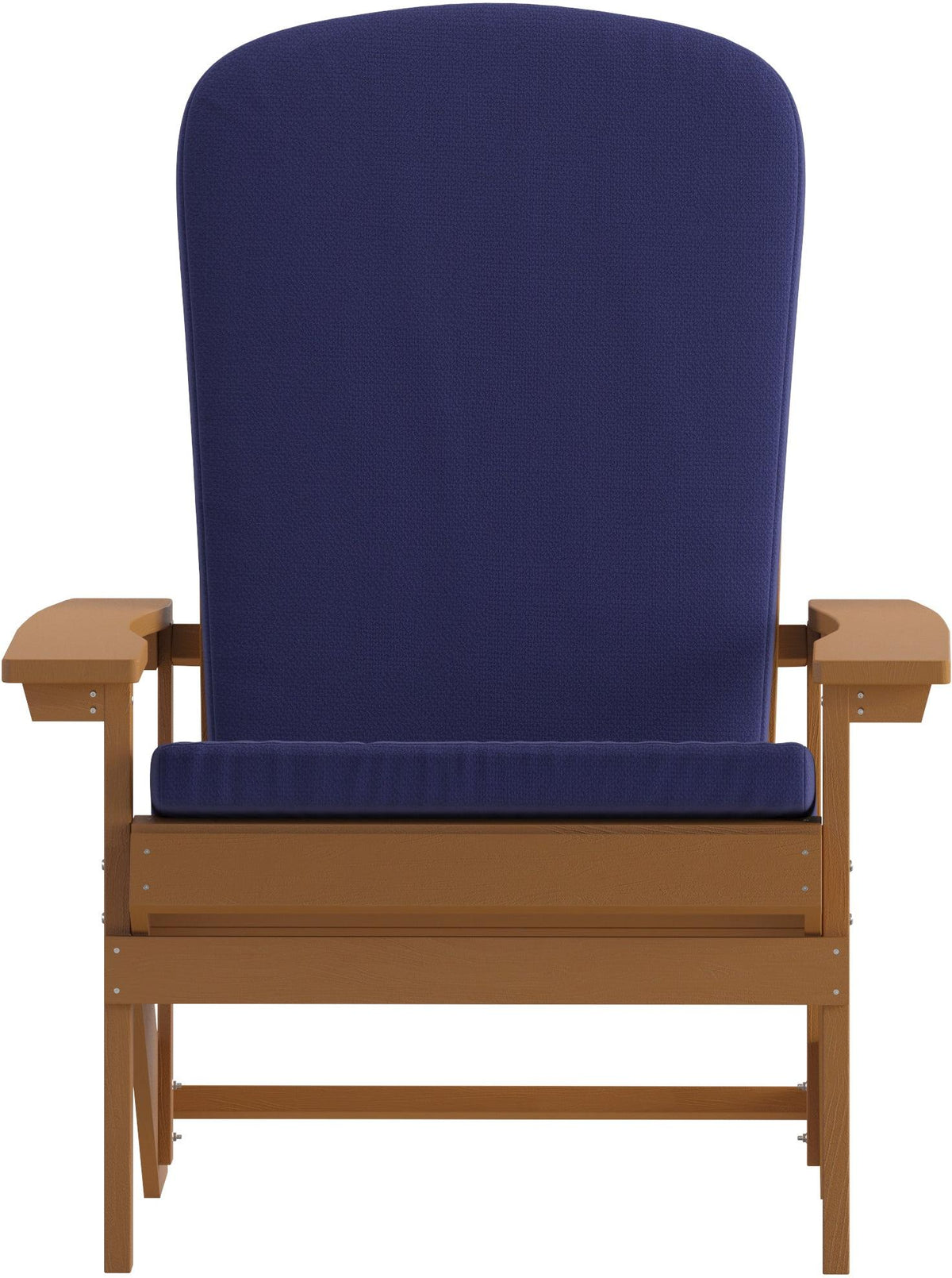 Charlestown Set of 2 All-Weather Poly Resin Wood Adirondack Chairs in Teak with Blue Cushions for Deck, Porch, and Patio