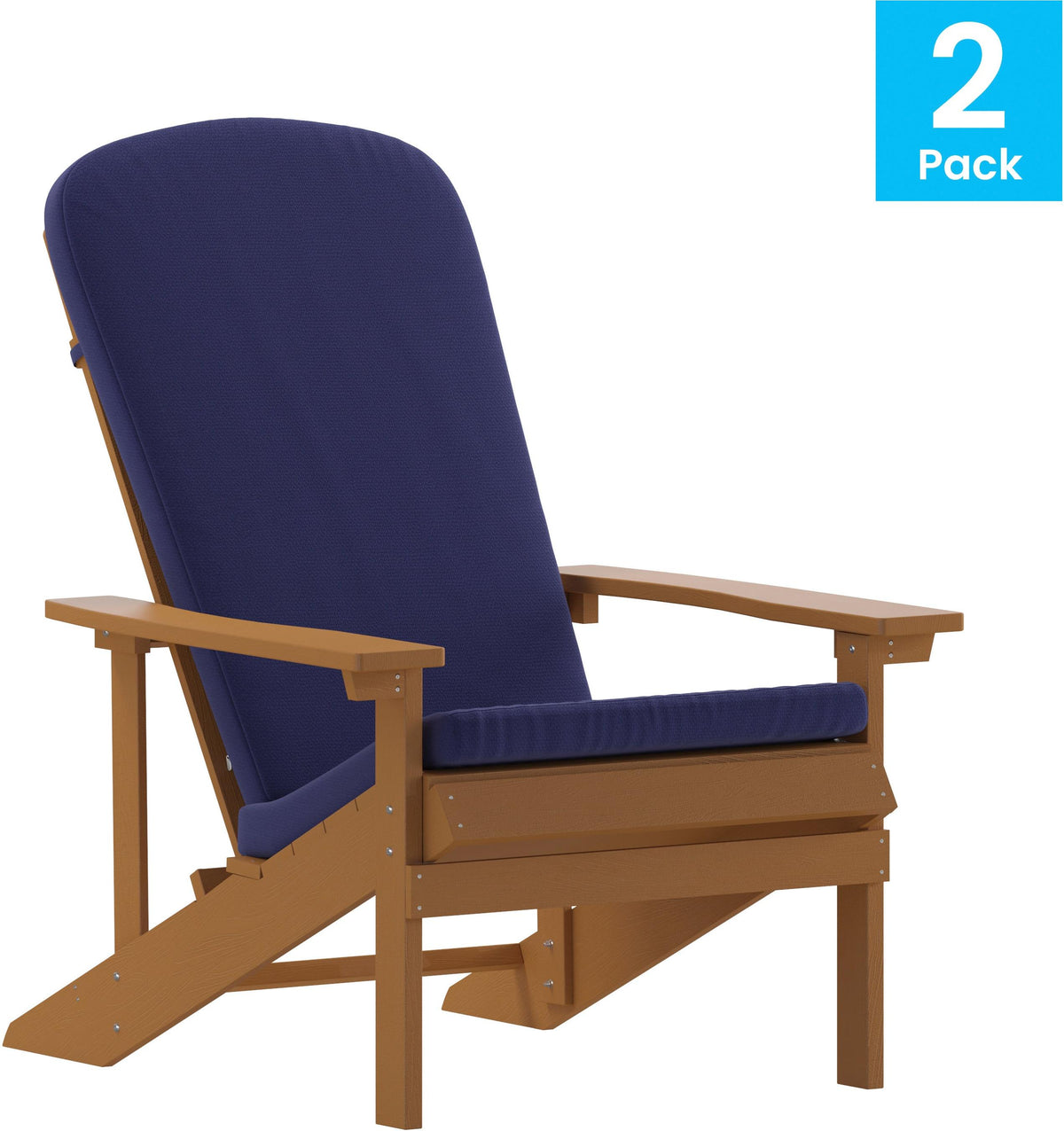 Charlestown Set of 2 All-Weather Poly Resin Wood Adirondack Chairs in Teak with Blue Cushions for Deck, Porch, and Patio