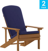 Charlestown Set of 2 All-Weather Poly Resin Wood Adirondack Chairs in Teak with Blue Cushions for Deck, Porch, and Patio