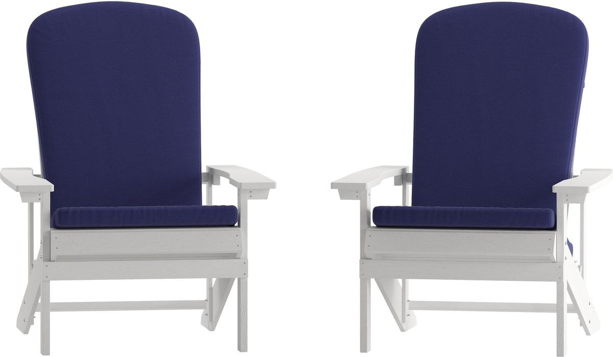 Charlestown Set of 2 All-Weather Poly Resin Wood Adirondack Chairs in White with Blue Cushions for Deck, Porch, and Patio