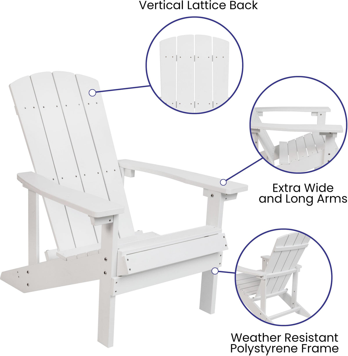 Charlestown Set of 2 All-Weather Poly Resin Wood Adirondack Chairs in White with Blue Cushions for Deck, Porch, and Patio