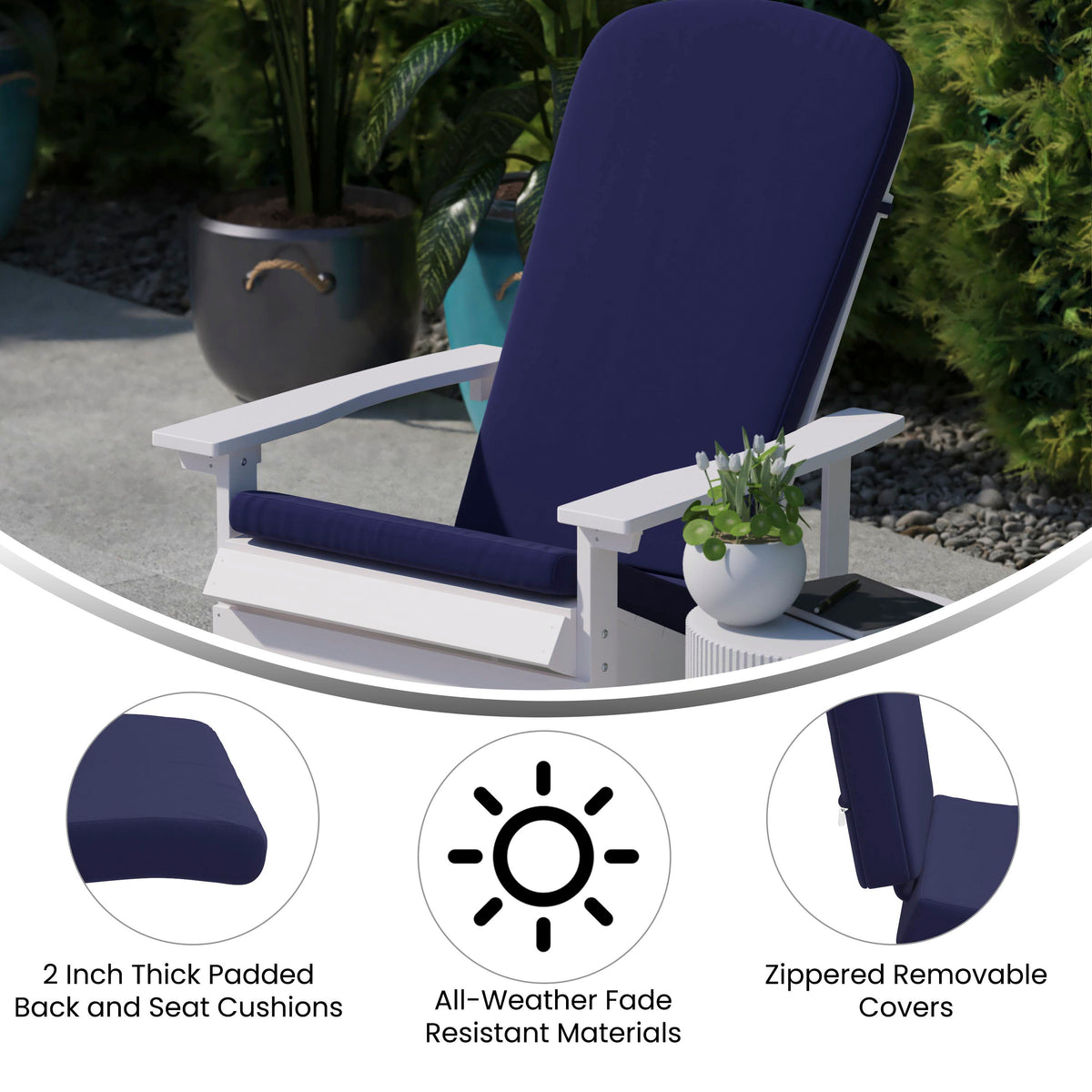 Charlestown Set of 2 All-Weather Poly Resin Wood Adirondack Chairs in White with Blue Cushions for Deck, Porch, and Patio
