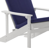 Charlestown Set of 2 All-Weather Poly Resin Wood Adirondack Chairs in White with Blue Cushions for Deck, Porch, and Patio