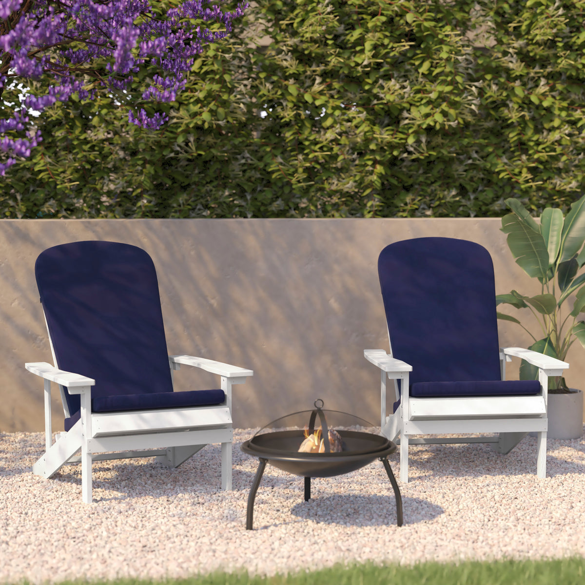 Charlestown Set of 2 All-Weather Poly Resin Wood Adirondack Chairs in White with Blue Cushions for Deck, Porch, and Patio