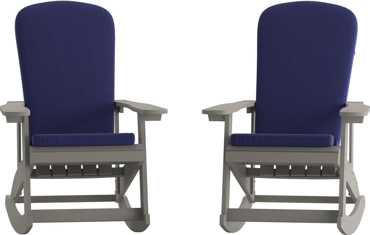 Savannah Set of 2 All-Weather Poly Resin Wood Adirondack Rocking Chairs in Gray with Blue Cushions for Deck, Porch, and Patio