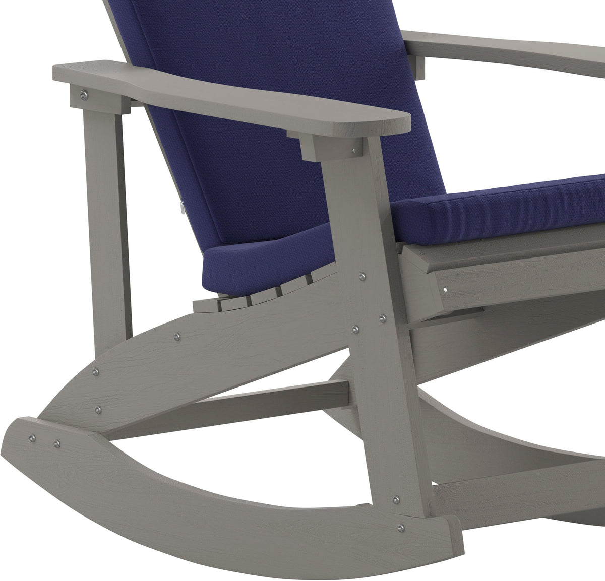 Savannah Set of 2 All-Weather Poly Resin Wood Adirondack Rocking Chairs in Gray with Blue Cushions for Deck, Porch, and Patio