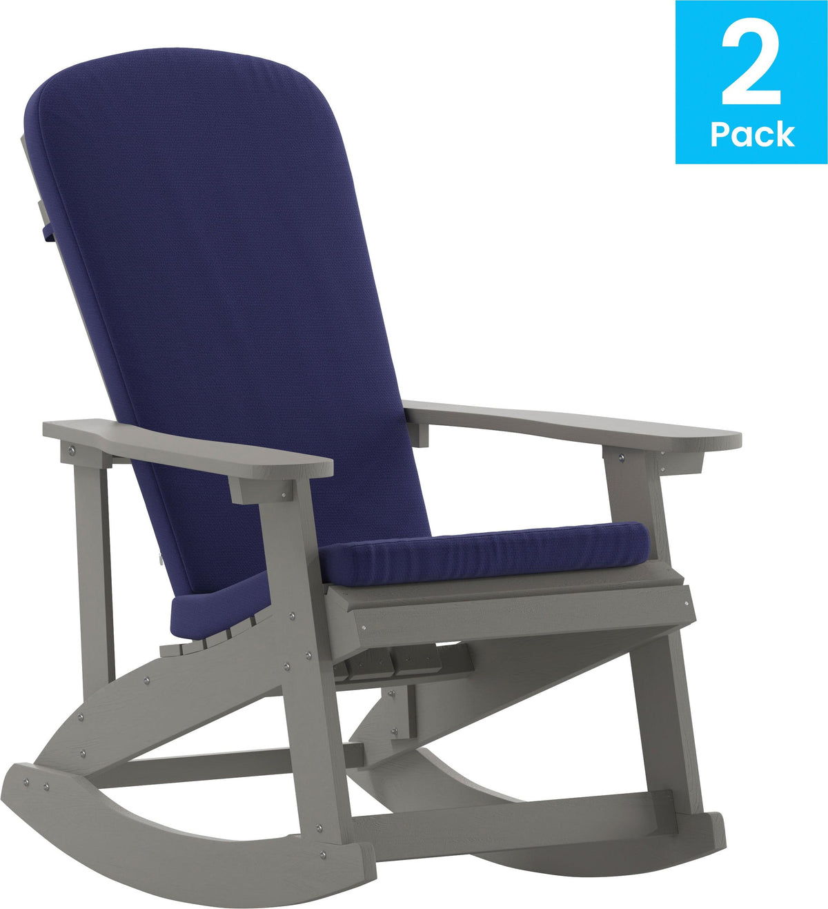 Savannah Set of 2 All-Weather Poly Resin Wood Adirondack Rocking Chairs in Gray with Blue Cushions for Deck, Porch, and Patio