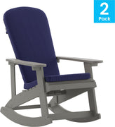 Savannah Set of 2 All-Weather Poly Resin Wood Adirondack Rocking Chairs in Gray with Blue Cushions for Deck, Porch, and Patio