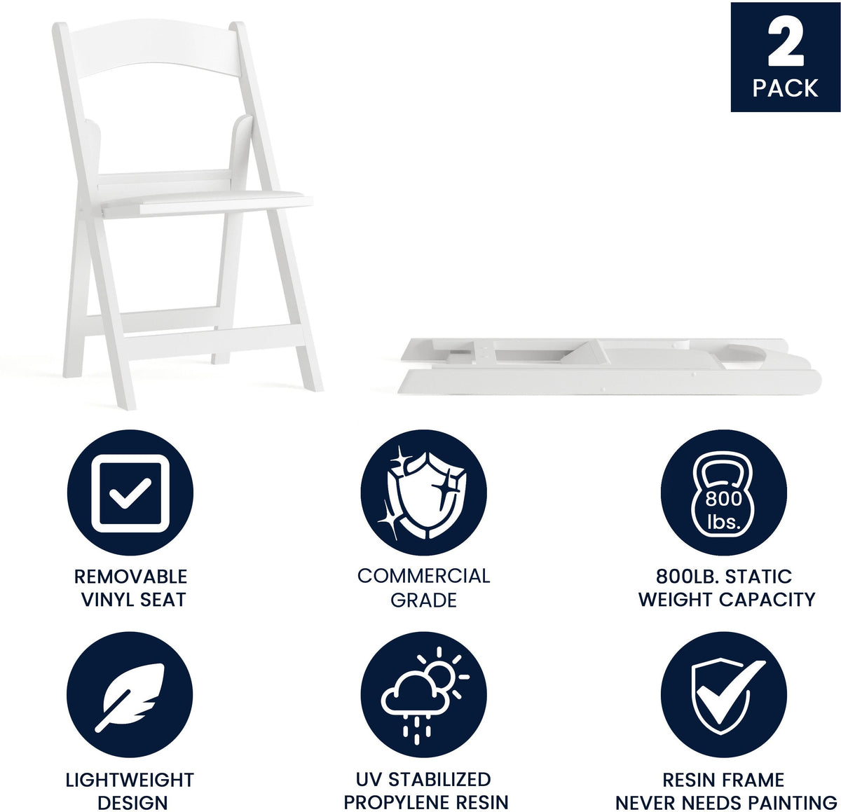 Hercules Folding Chair - White Resin - 2 Pack 800LB Weight Capacity Comfortable Event Chair - Light Weight Folding Chair