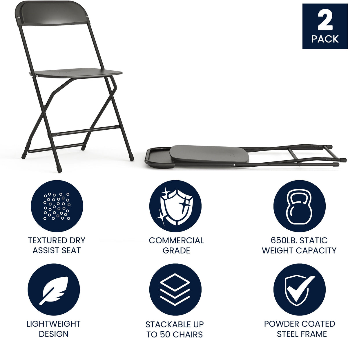 Hercules Series Plastic Folding Chair Black - 2 Pack 650LB Weight Capacity Comfortable Event Chair-Lightweight Folding Chair