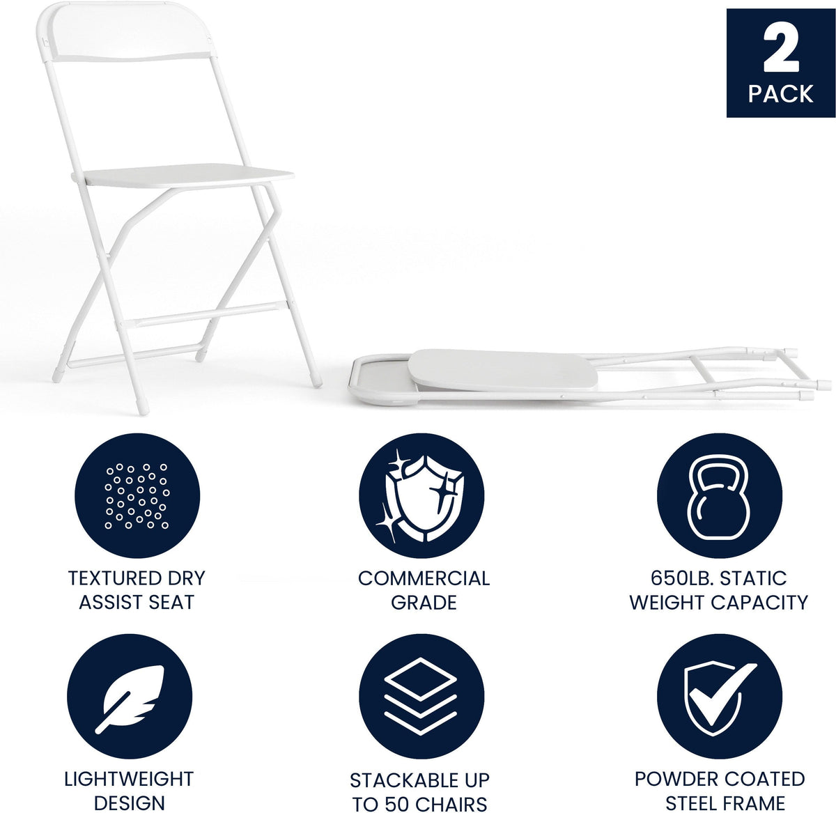 Hercules Series Plastic Folding Chair White - 2 Pack 650LB Weight Capacity Comfortable Event Chair-Lightweight Folding Chair