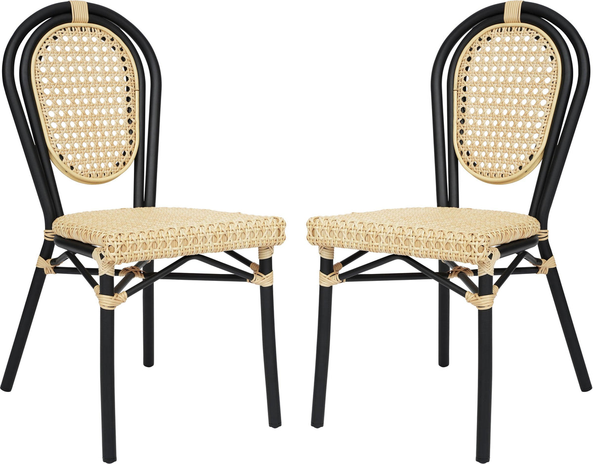 2 Pack Cannes Indoor/Outdoor Commercial Thonet Bistro Stacking Chair, Natural PE Cane Rattan and Black Aluminum Frame