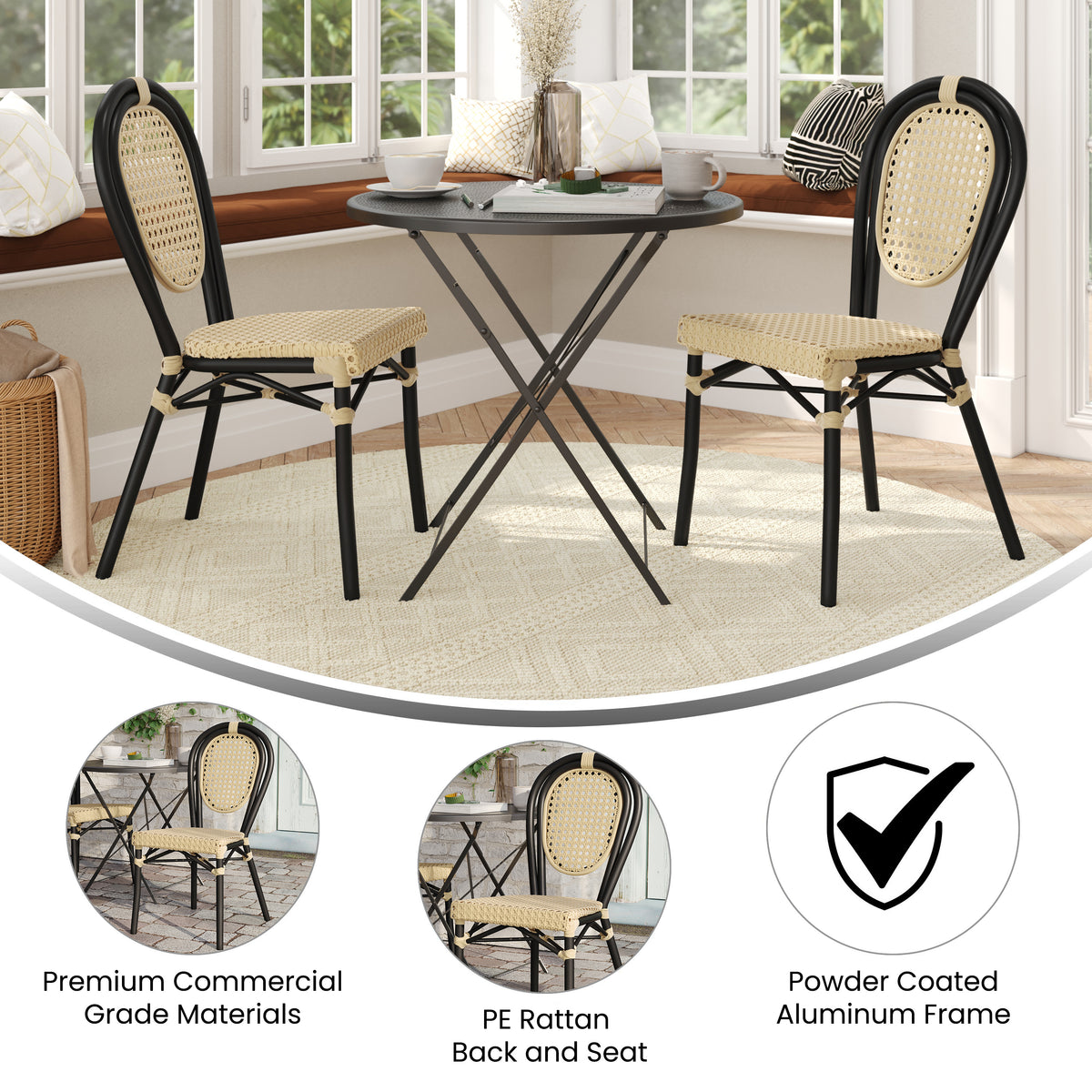 2 Pack Cannes Indoor/Outdoor Commercial Thonet Bistro Stacking Chair, Natural PE Cane Rattan and Black Aluminum Frame