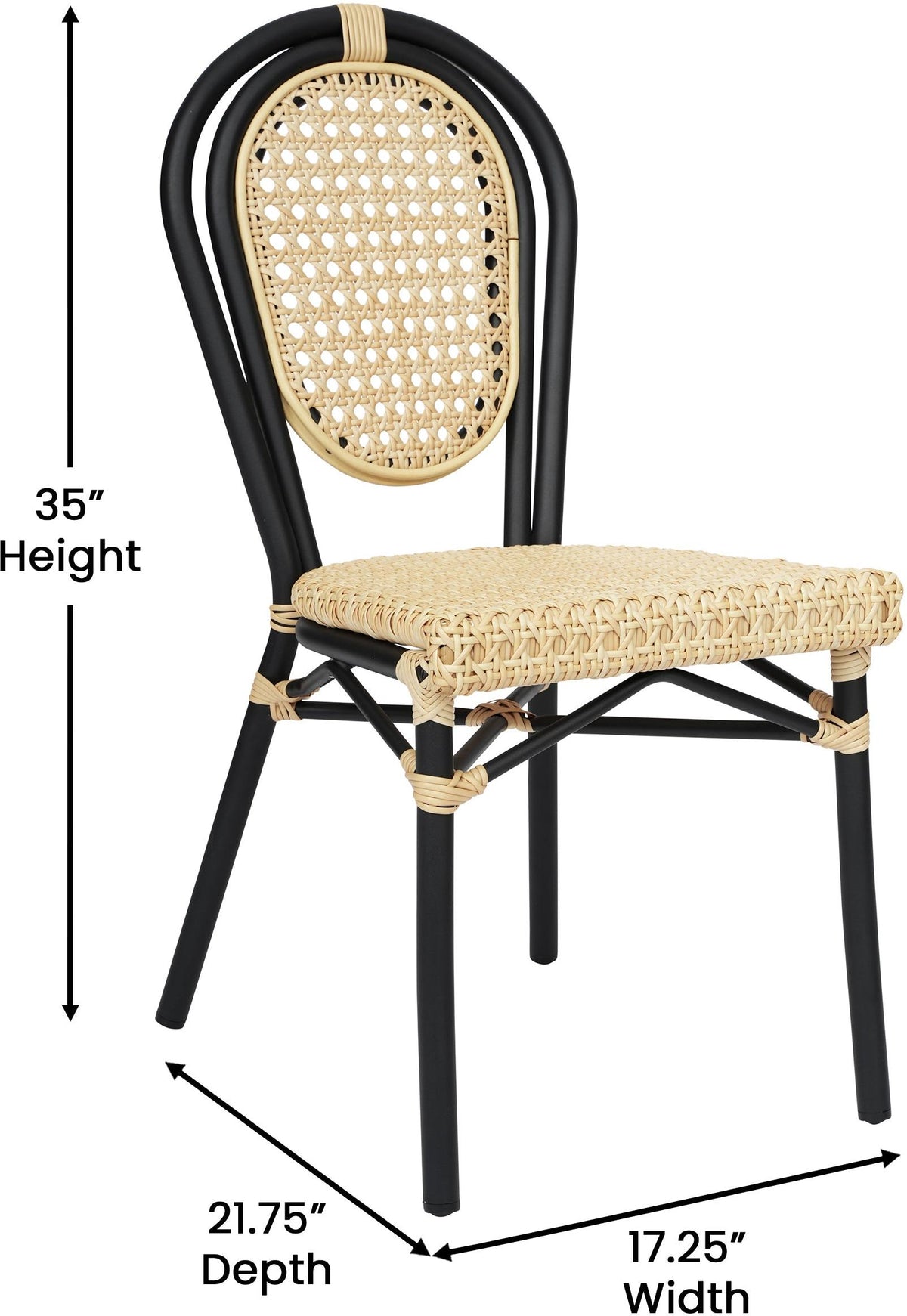 2 Pack Cannes Indoor/Outdoor Commercial Thonet Bistro Stacking Chair, Natural PE Cane Rattan and Black Aluminum Frame